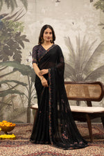 Black Georgette Print Saree with Diamond Work sedoracouture