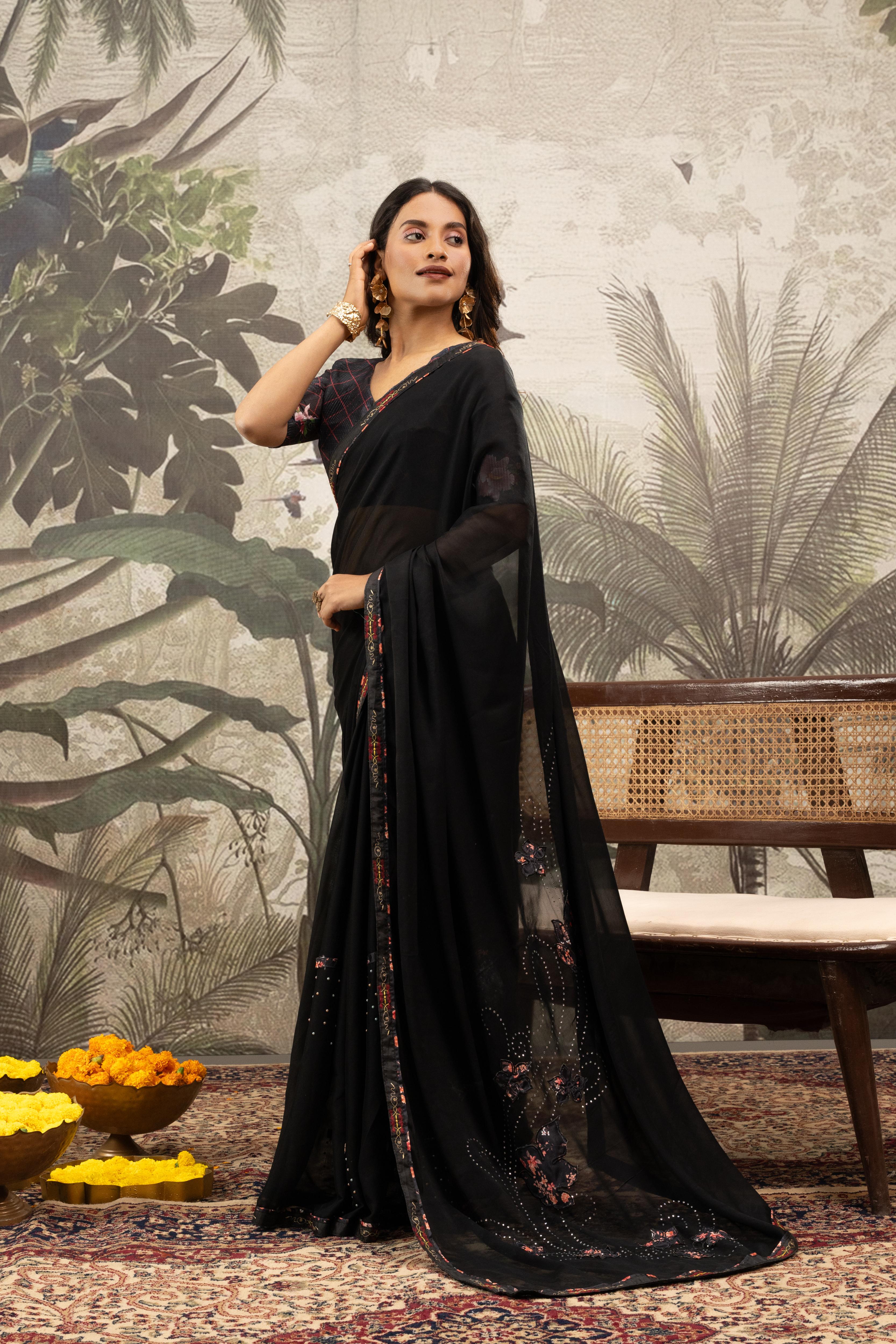 Chic Black Georgette Silk Saree with Diamond Work