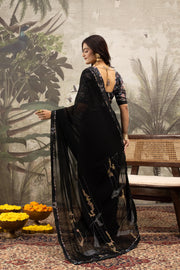 Stylish Black Georgette Silk Saree with Border Embroidery