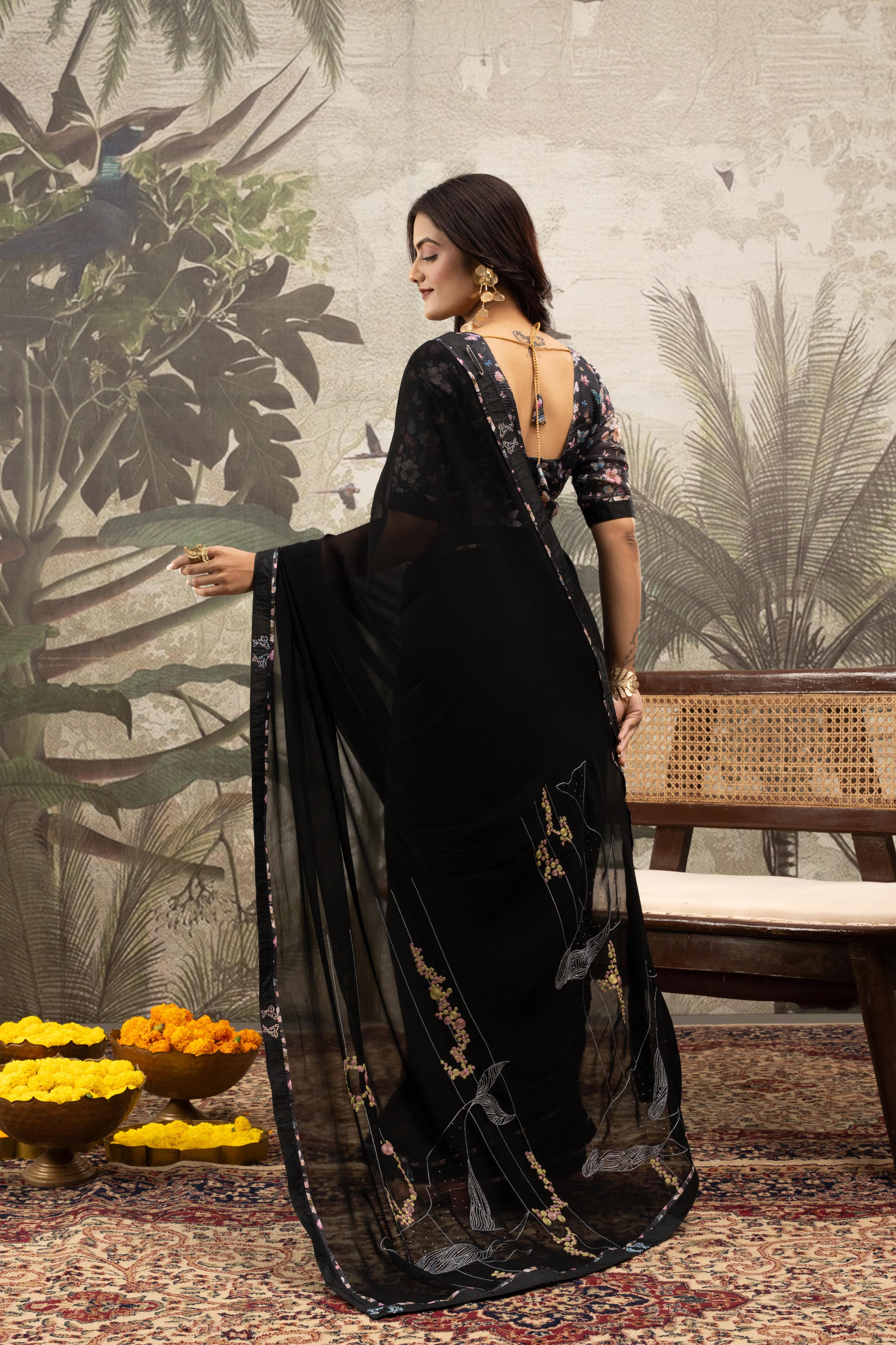 Stylish Black Georgette Silk Saree with Border Embroidery