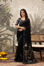 Stylish Black Georgette Silk Saree with Border Embroidery