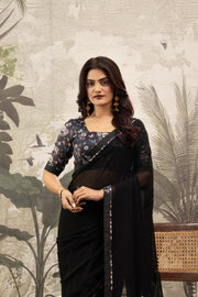 Stylish Black Georgette Silk Saree with Border Embroidery