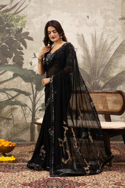 Stylish Black Georgette Silk Saree with Border Embroidery