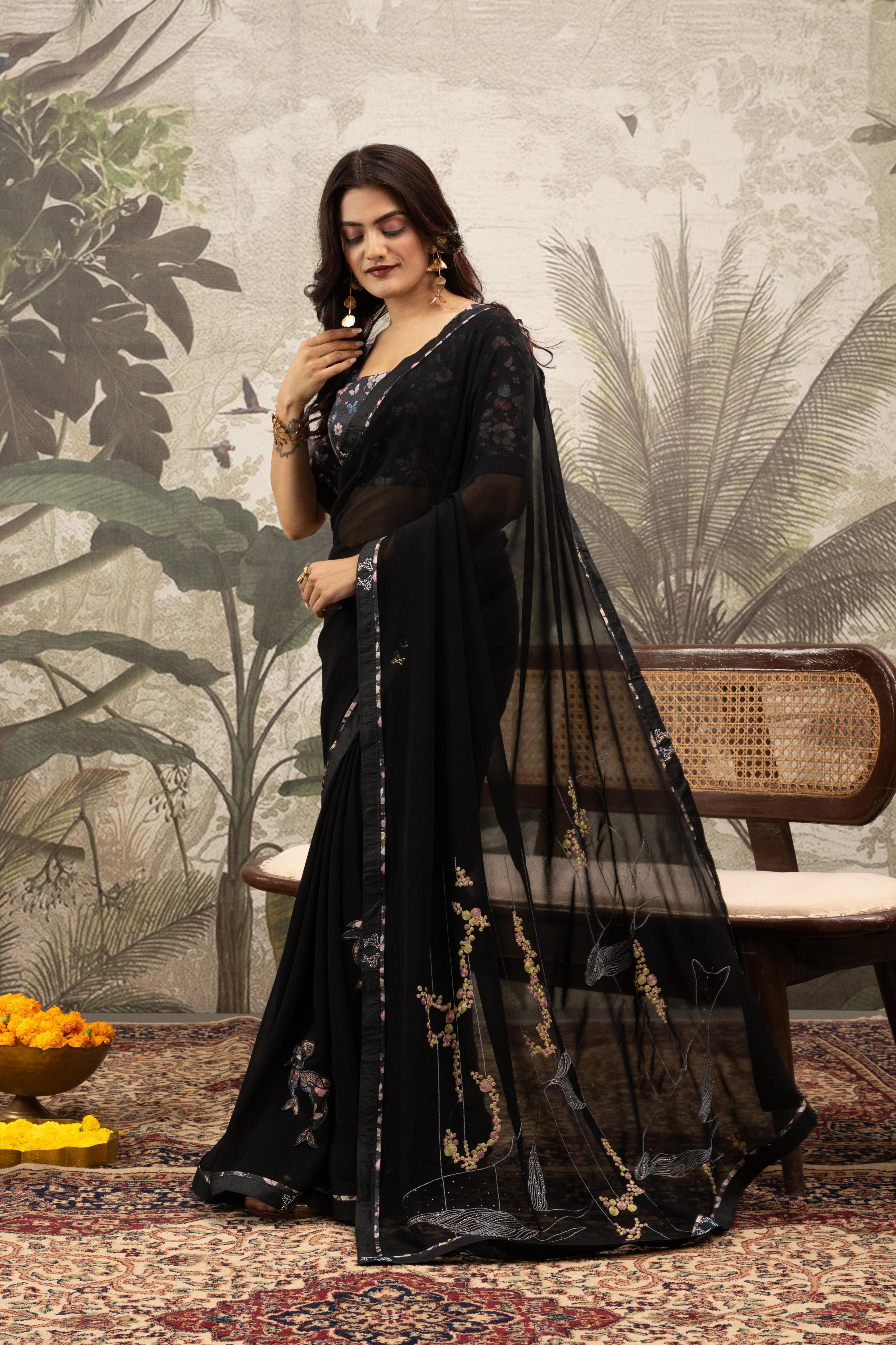 Stylish Black Georgette Silk Saree with Border Embroidery