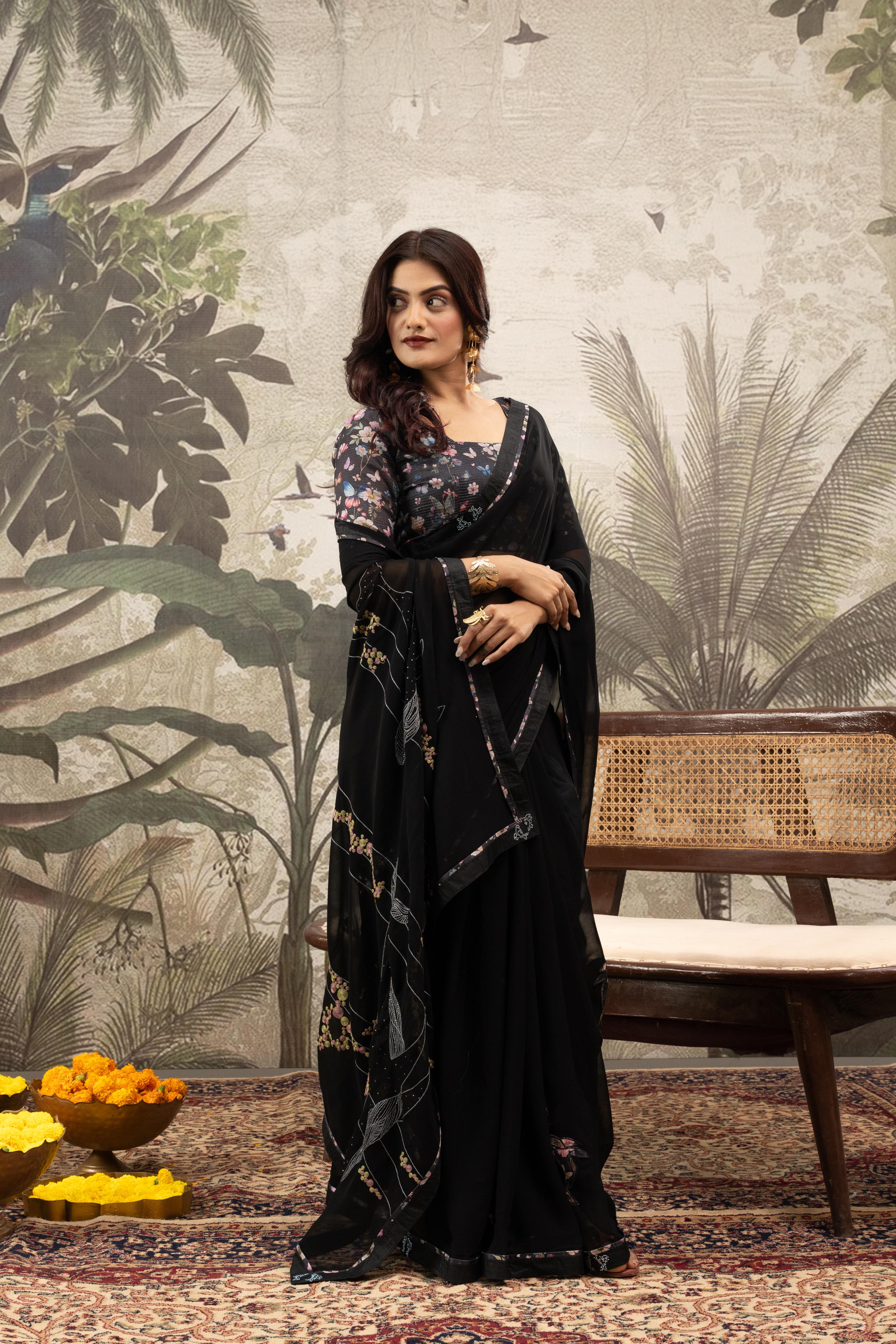 Stylish Black Georgette Silk Saree with Border Embroidery