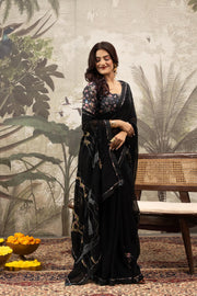 Stylish Black Georgette Silk Saree with Border Embroidery