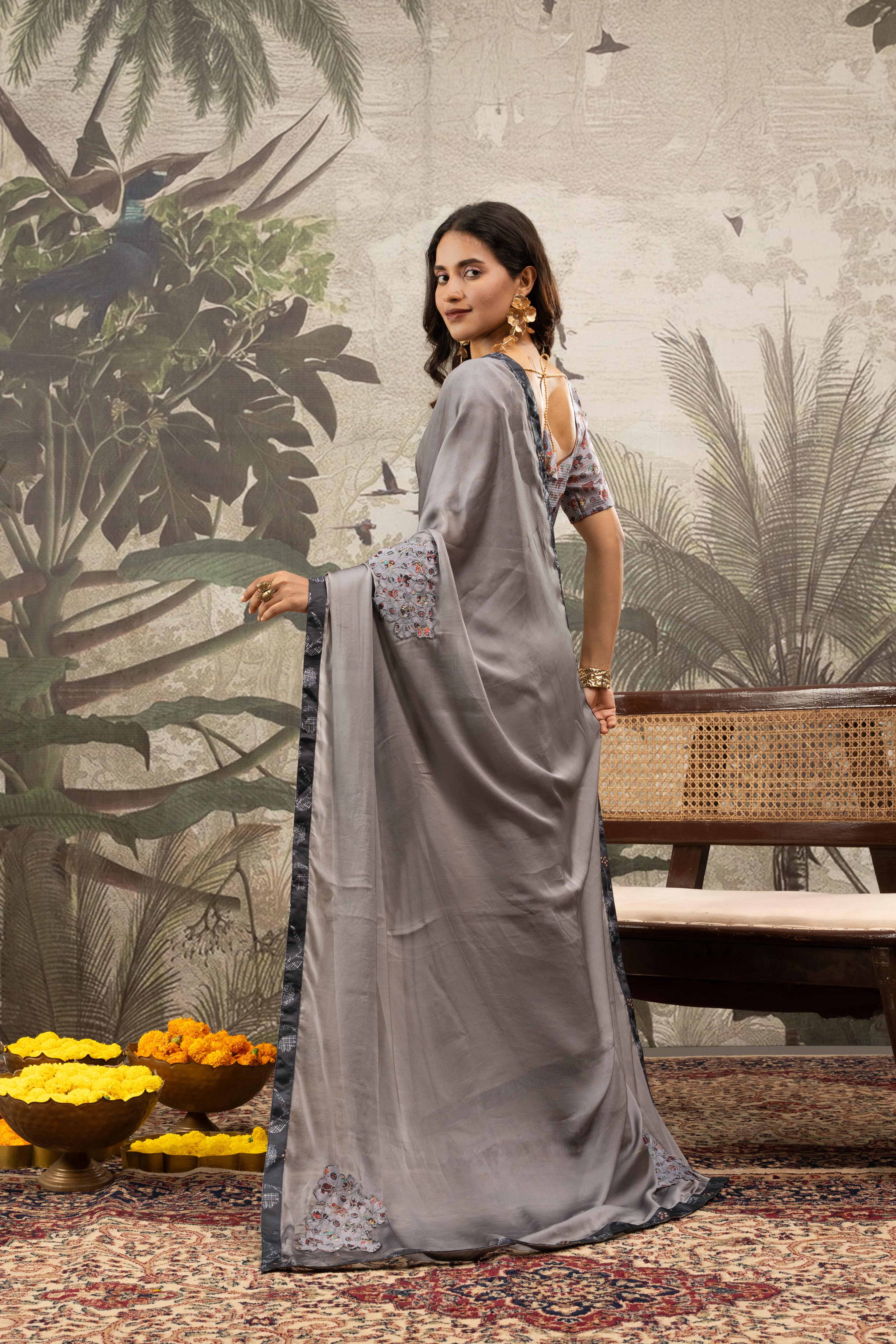 Elegant Grey Georgette Silk Saree with Embroidery