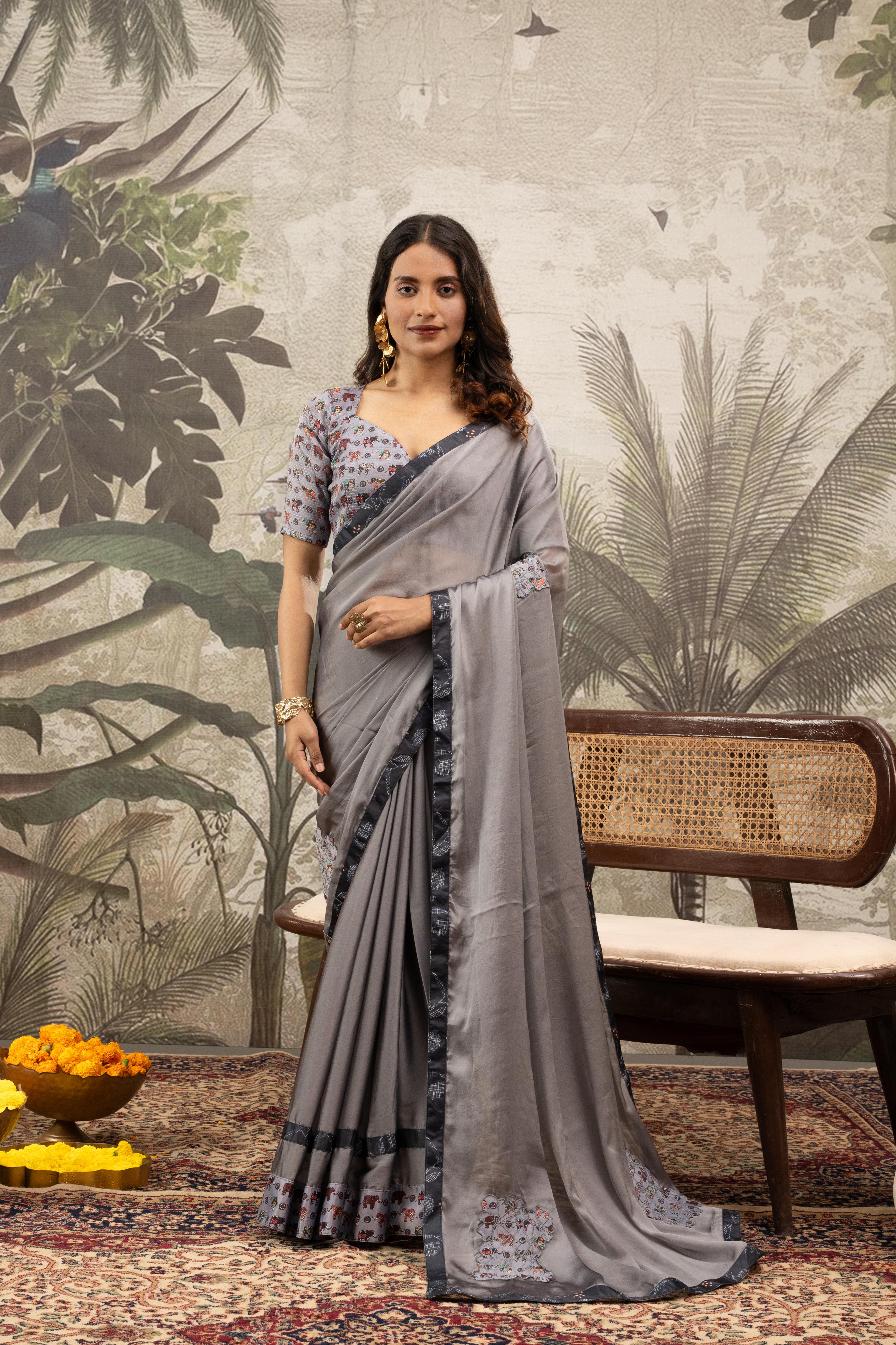 Elegant Grey Georgette Silk Saree with Embroidery