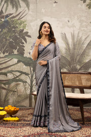 Elegant Grey Georgette Silk Saree with Embroidery