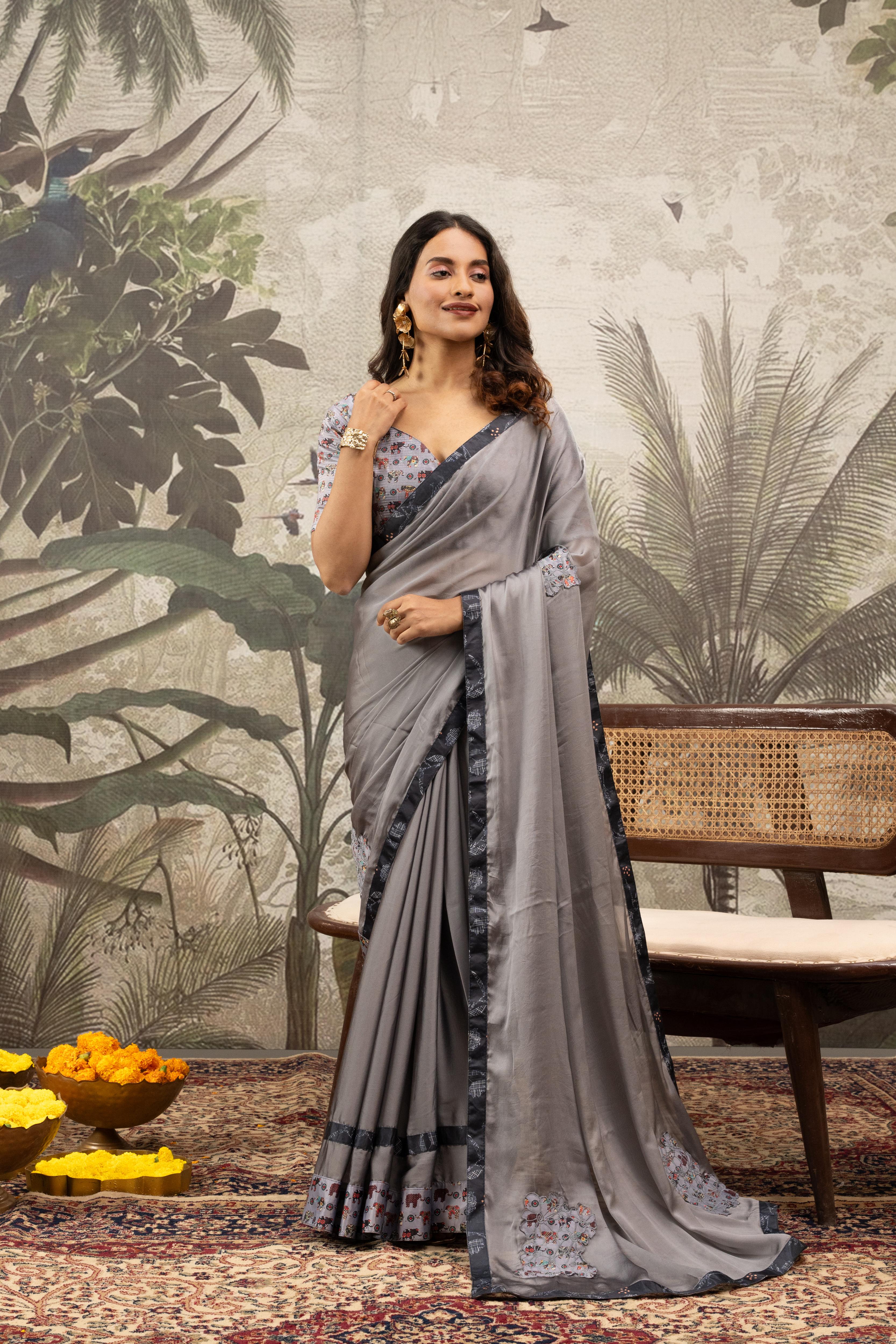 Elegant Grey Georgette Silk Saree with Embroidery