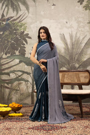 Navy & Grey Crepe Saree with Handcrafted Detail