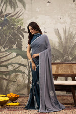 Navy & Grey Crepe Saree with Handcrafted Detail sedoracouture