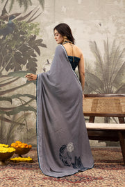 Navy & Grey Crepe Saree with Handcrafted Detail