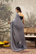 Navy & Grey Crepe Saree with Handcrafted Detail sedoracouture