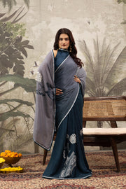 Navy & Grey Crepe Saree with Handcrafted Detail