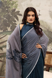 Navy & Grey Crepe Saree with Handcrafted Detail