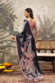 Graceful Pink & Grey Digital Printed Crepe Saree