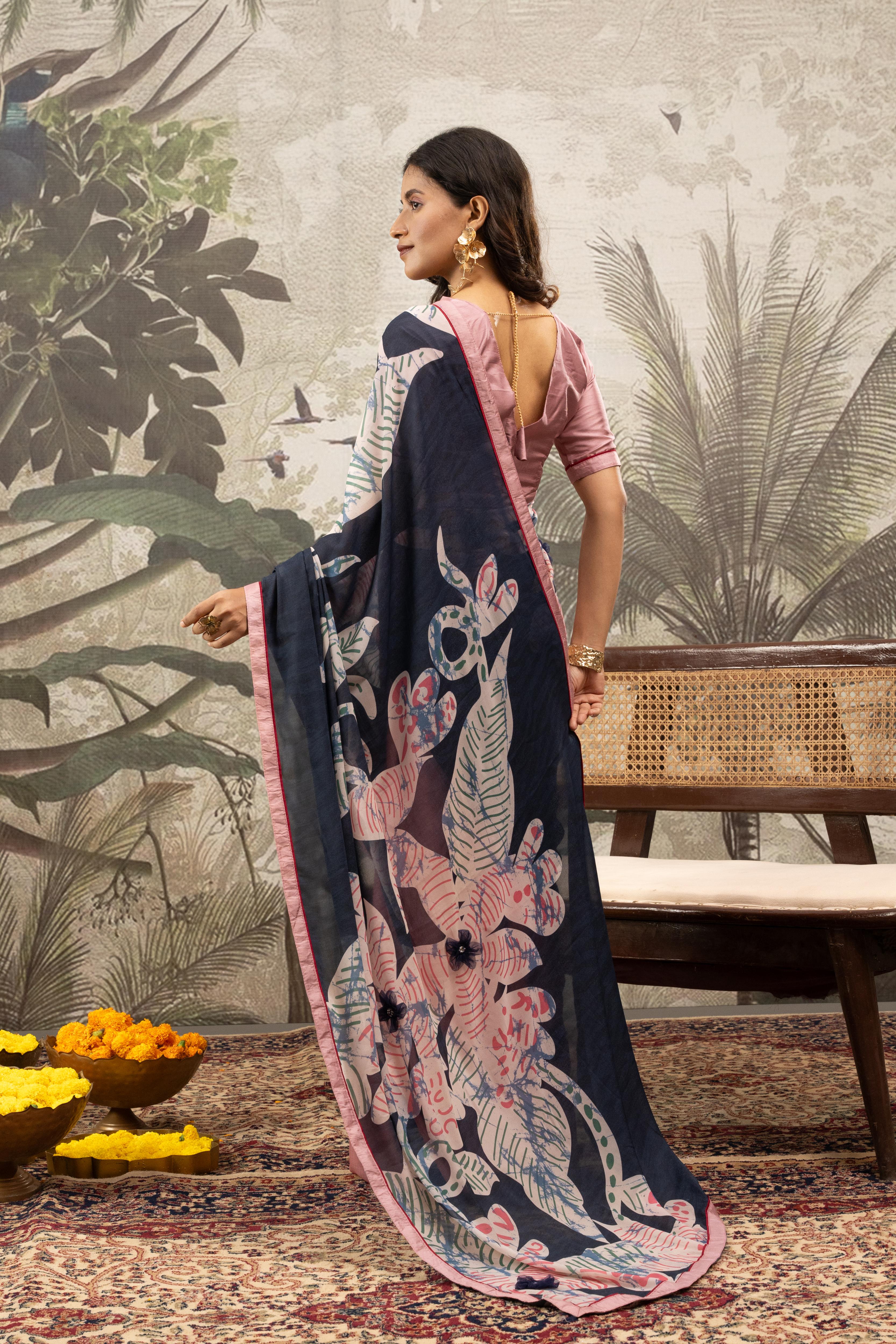 Graceful Pink & Grey Digital Printed Crepe Saree