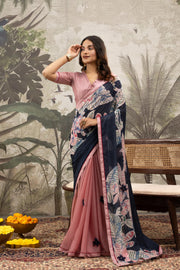 Graceful Pink & Grey Digital Printed Crepe Saree