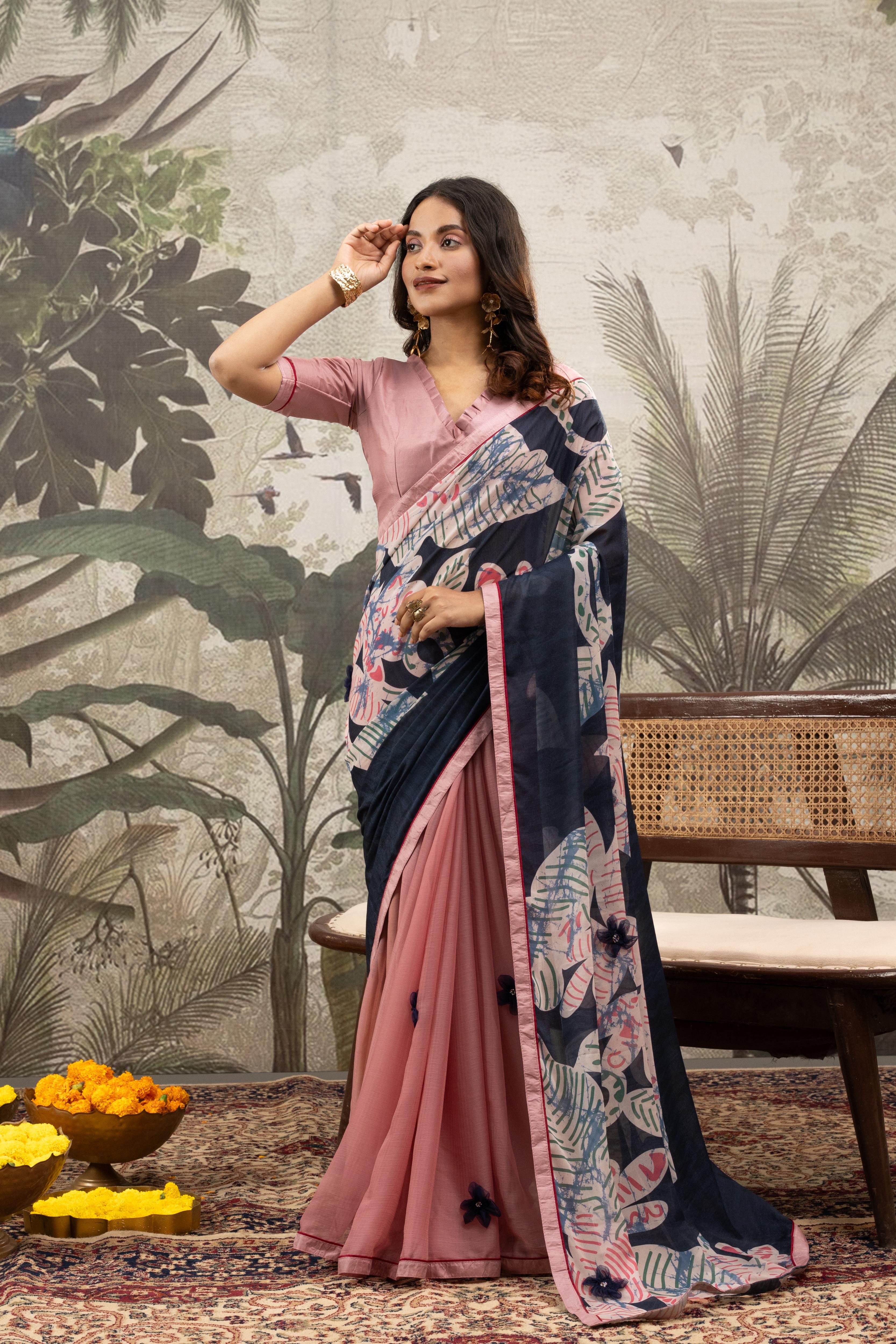 Graceful Pink & Grey Digital Printed Crepe Saree
