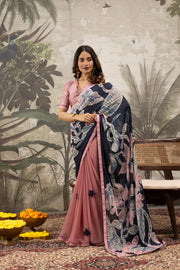 Graceful Pink & Grey Digital Printed Crepe Saree
