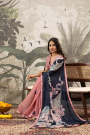Graceful Pink & Grey Digital Printed Crepe Saree