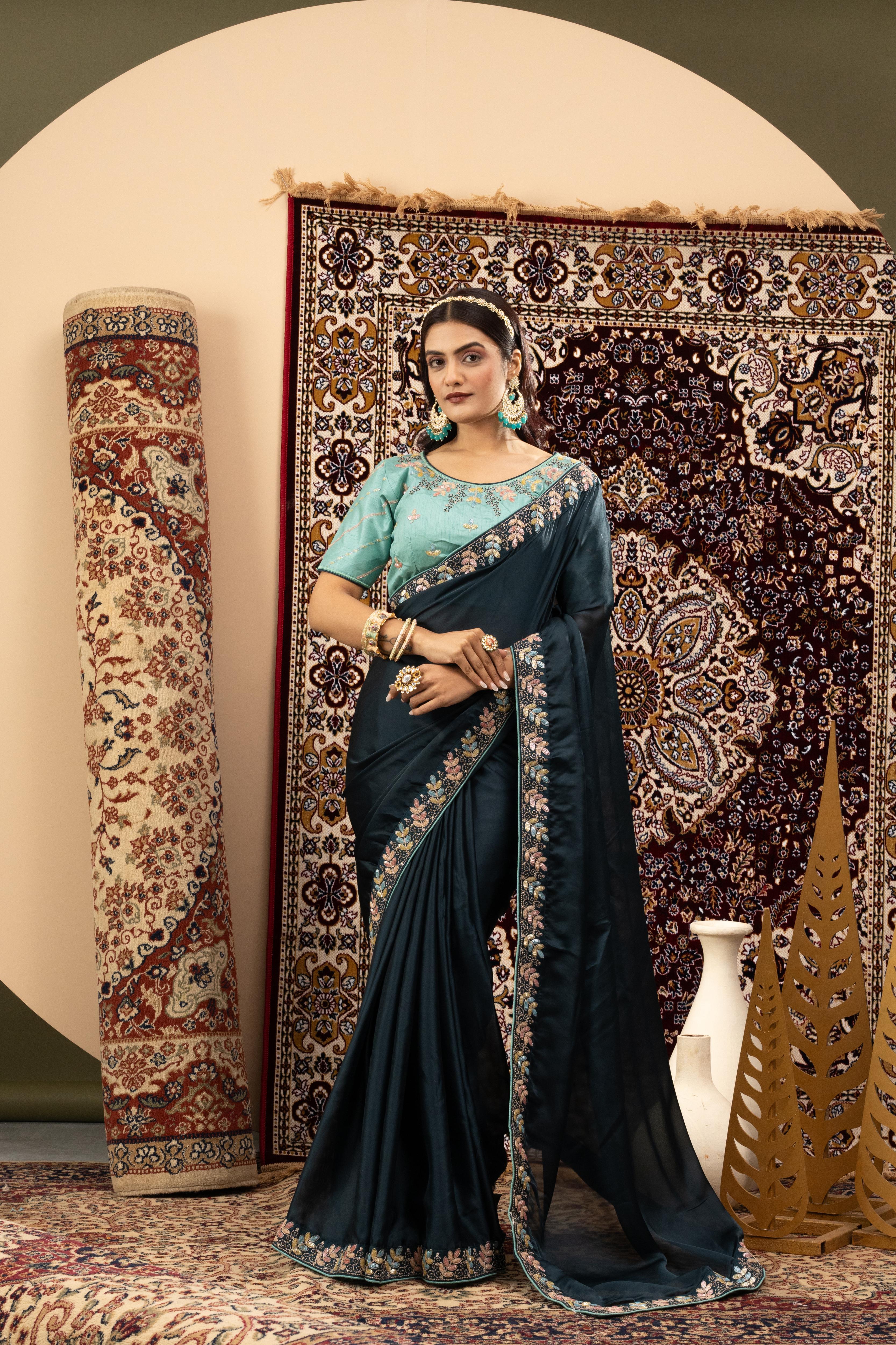 Navy Blue Sparkle Georgette Saree with Cyan Blouse