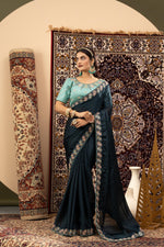 Navy Blue Sparkle Georgette Saree with Cyan Blouse sedoracouture