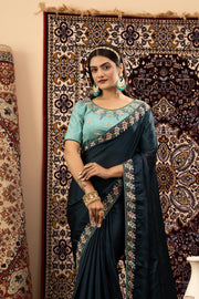 Navy Blue Sparkle Georgette Saree with Cyan Blouse