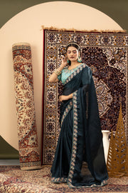 Navy Blue Sparkle Georgette Saree with Cyan Blouse