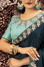 Navy Blue Sparkle Georgette Saree with Cyan Blouse sedoracouture