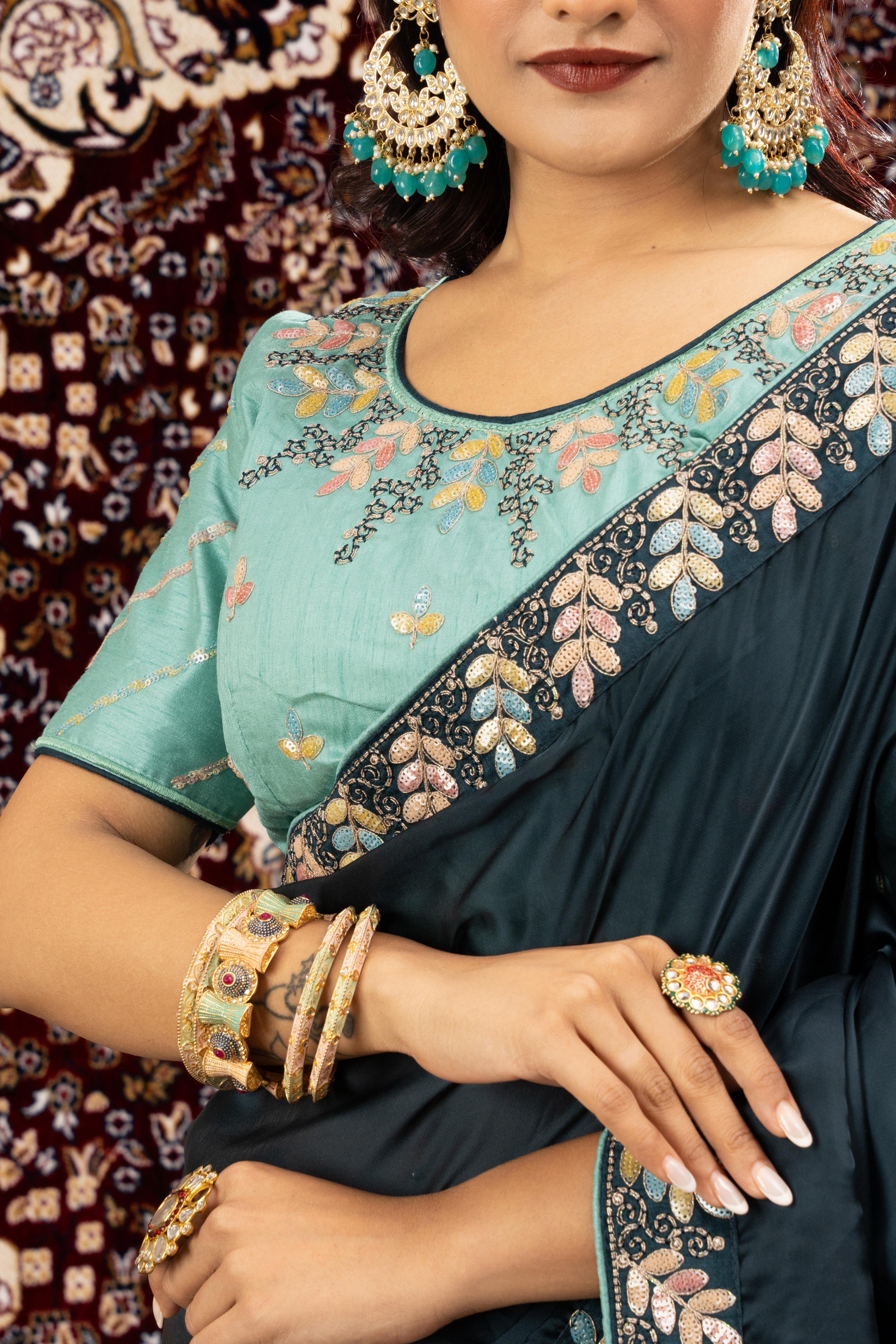 Navy Blue Sparkle Georgette Saree with Cyan Blouse sedoracouture