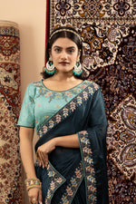 Navy Blue Sparkle Georgette Saree with Cyan Blouse sedoracouture