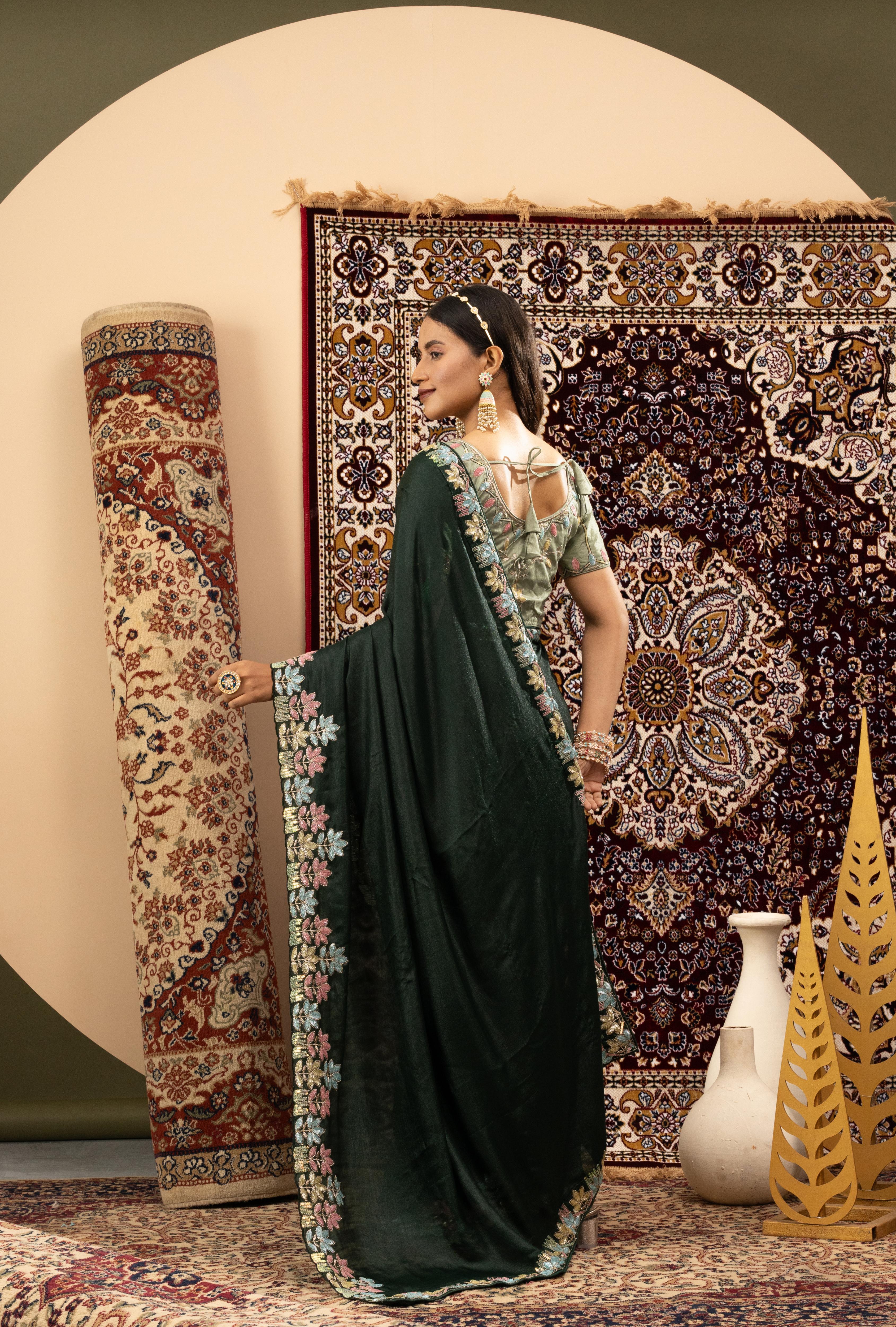 Green Sparkle Georgette Saree with Embroidery