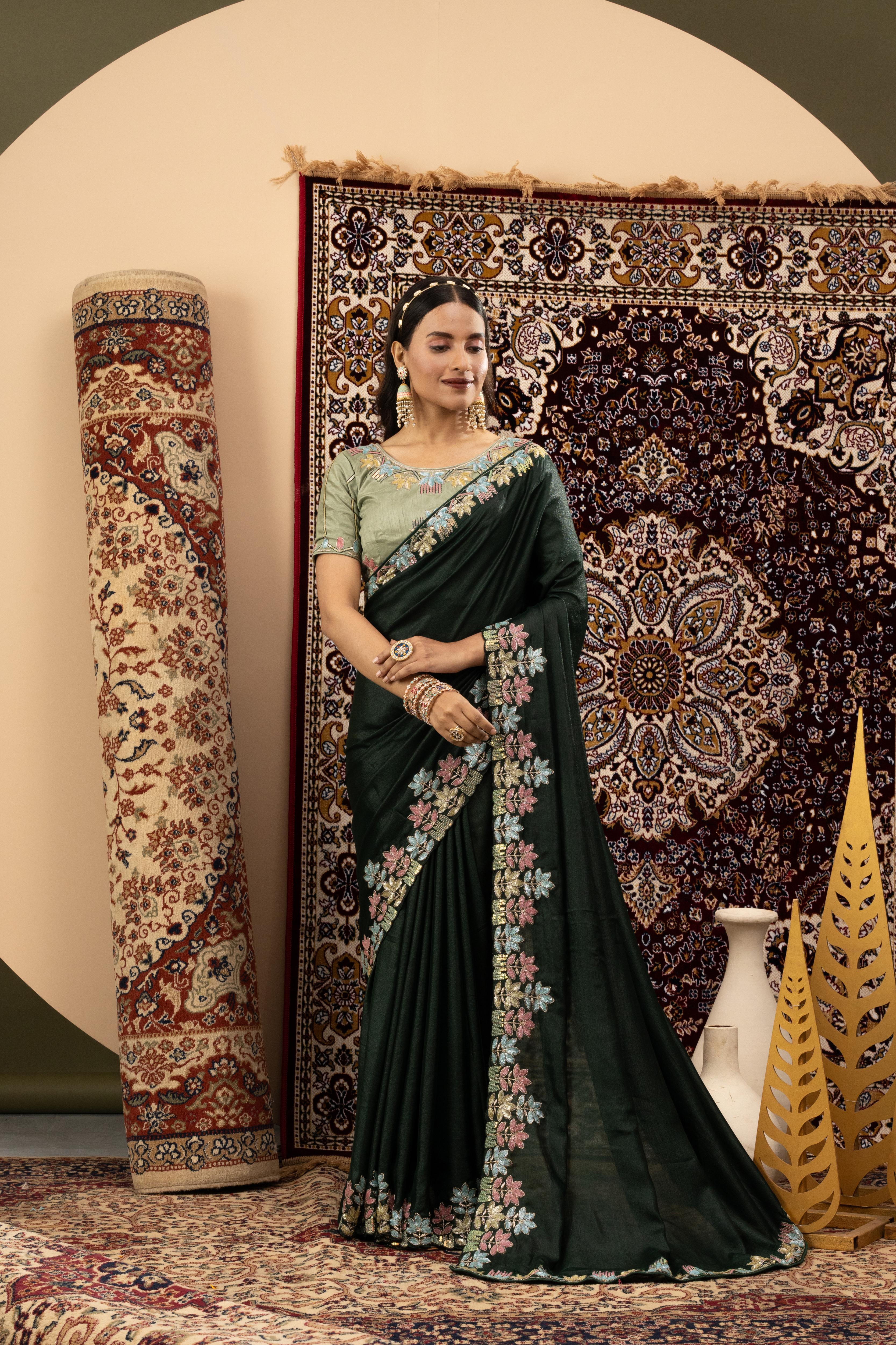 Green Sparkle Georgette Saree with Embroidery