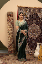 Green Sparkle Georgette Saree with Embroidery sedoracouture