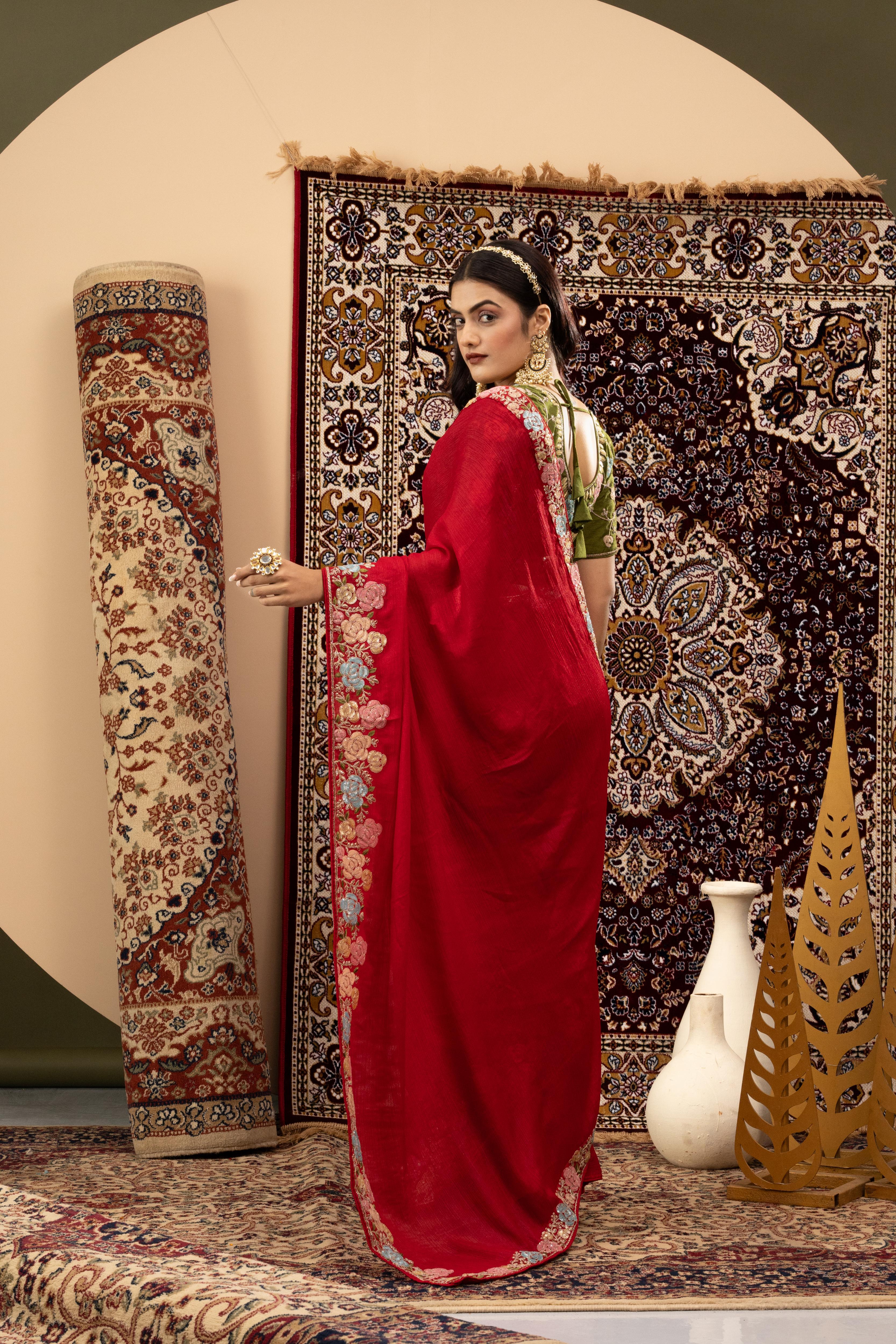 Red Zoma Silk Saree with Green Blouse