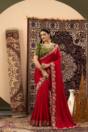 Red Zoma Silk Saree with Green Blouse