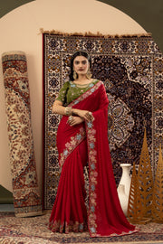 Red Zoma Silk Saree with Green Blouse