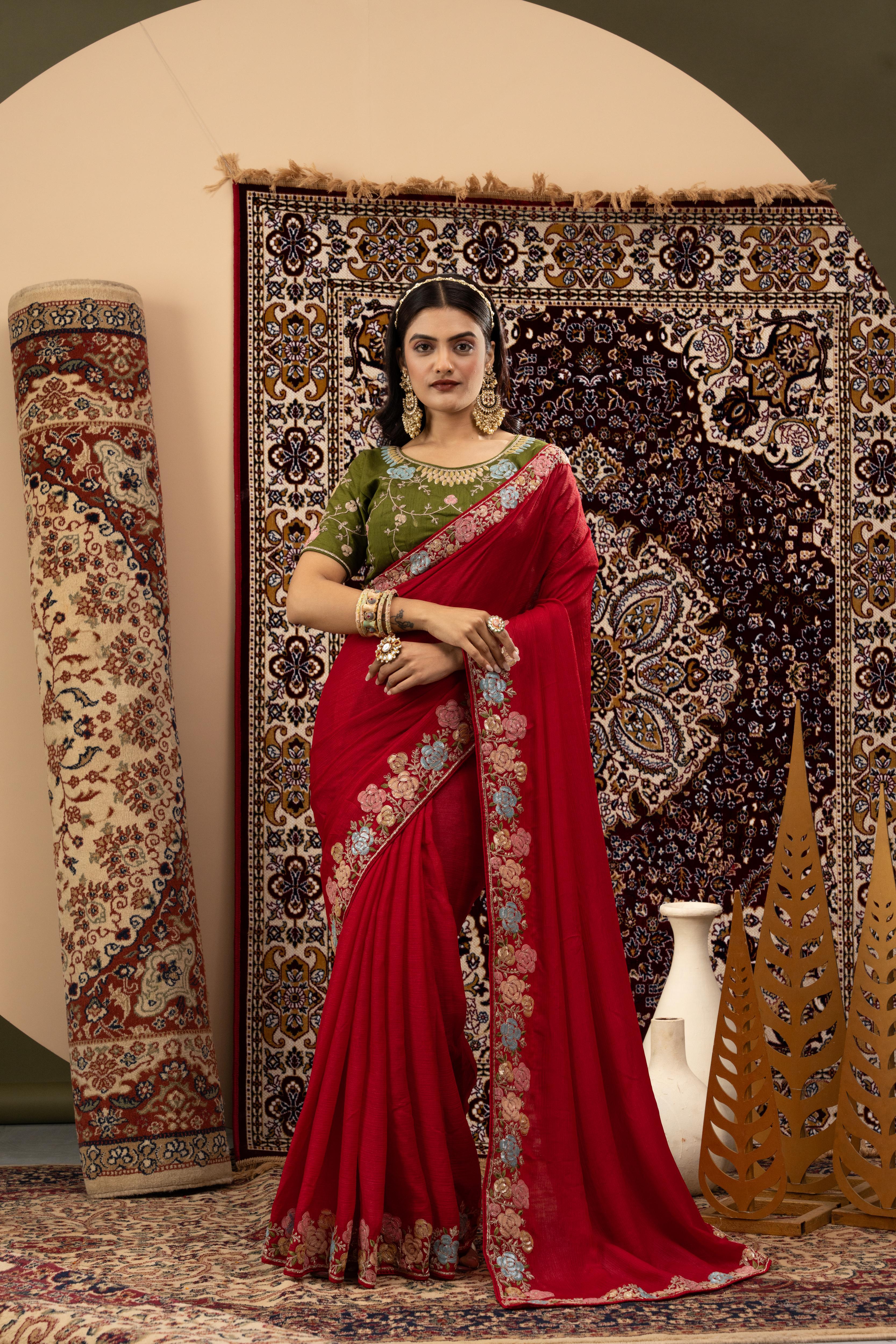 Red Zoma Silk Saree with Green Blouse