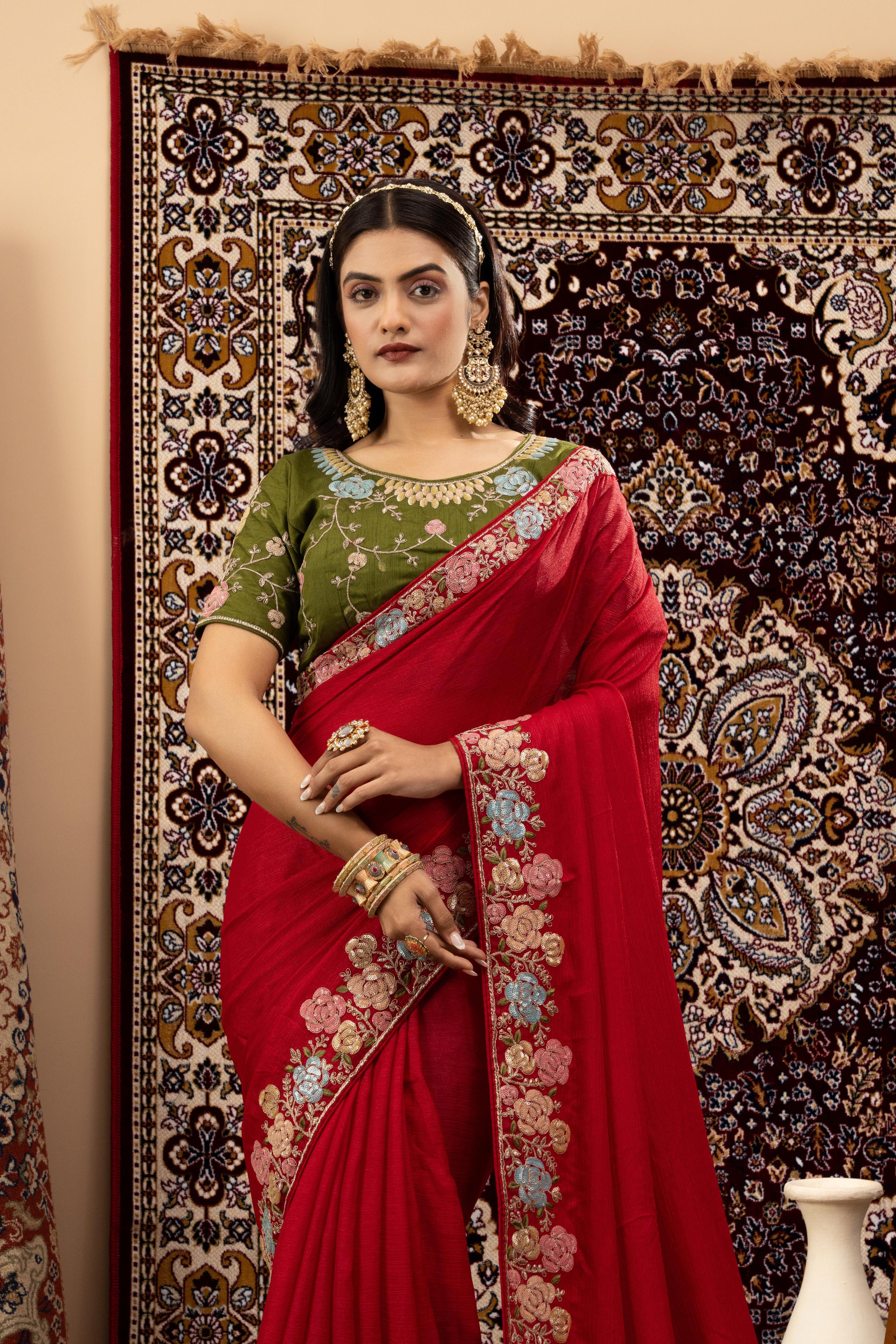 Red Zoma Silk Saree with Green Blouse