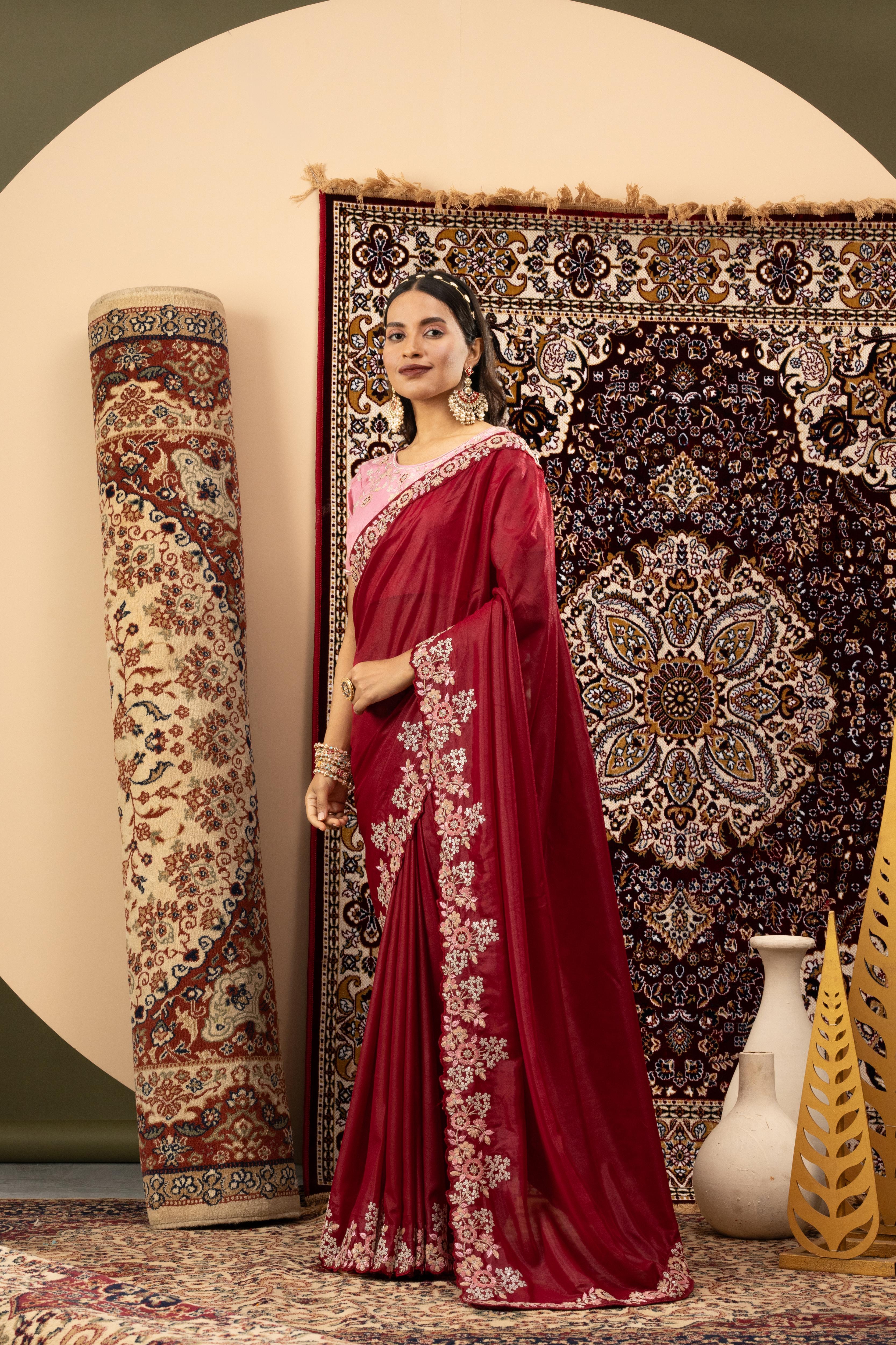 Maroon Sparkle Georgette Saree with Pink Blouse