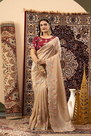 Chiku Crystal Silk Saree with Maroon Blouse