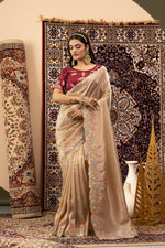 Chiku Crystal Silk Saree with Maroon Blouse sedoracouture