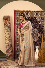 Chiku Crystal Silk Saree with Maroon Blouse sedoracouture