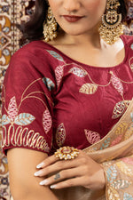Chiku Crystal Silk Saree with Maroon Blouse sedoracouture