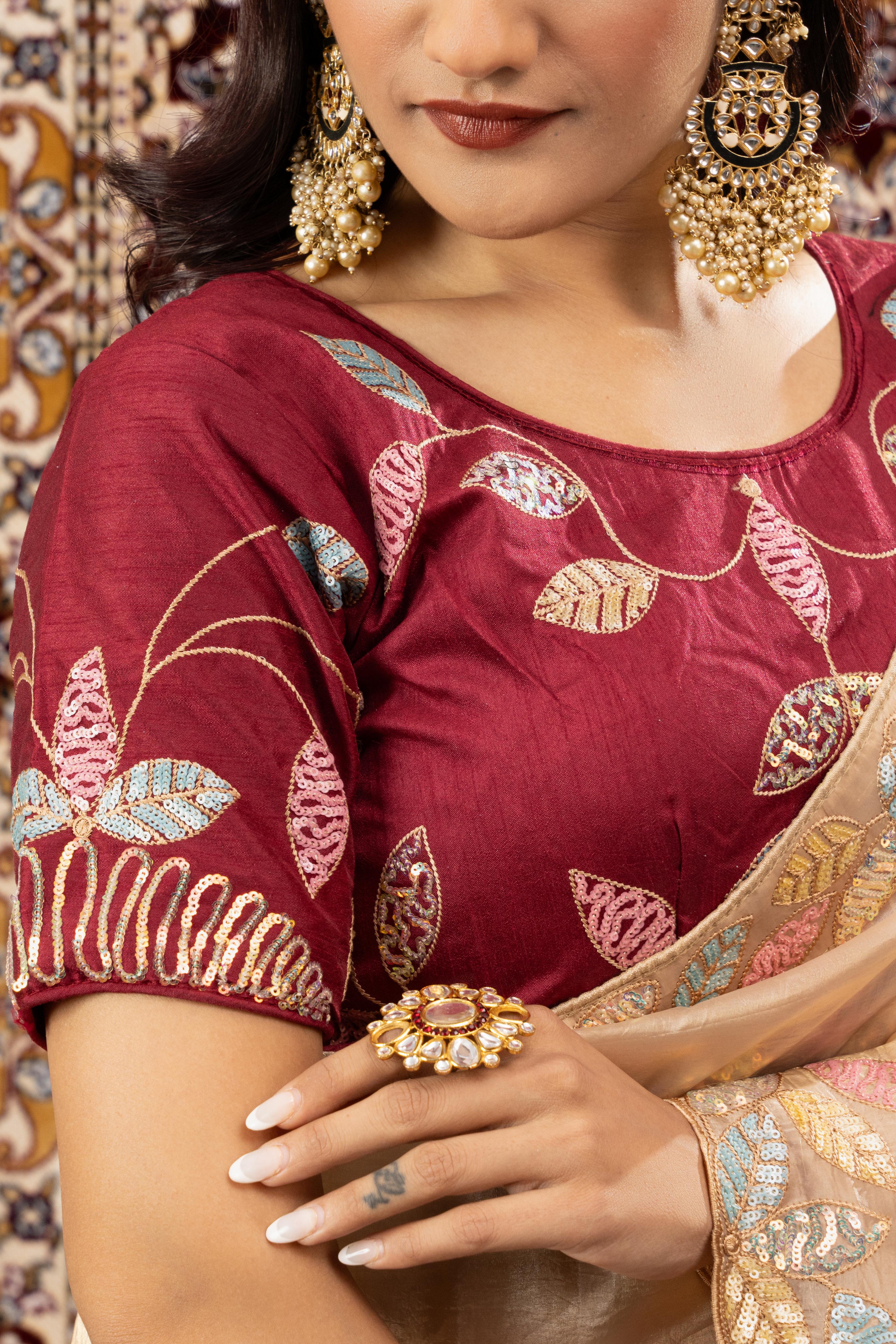 Chiku Crystal Silk Saree with Maroon Blouse sedoracouture