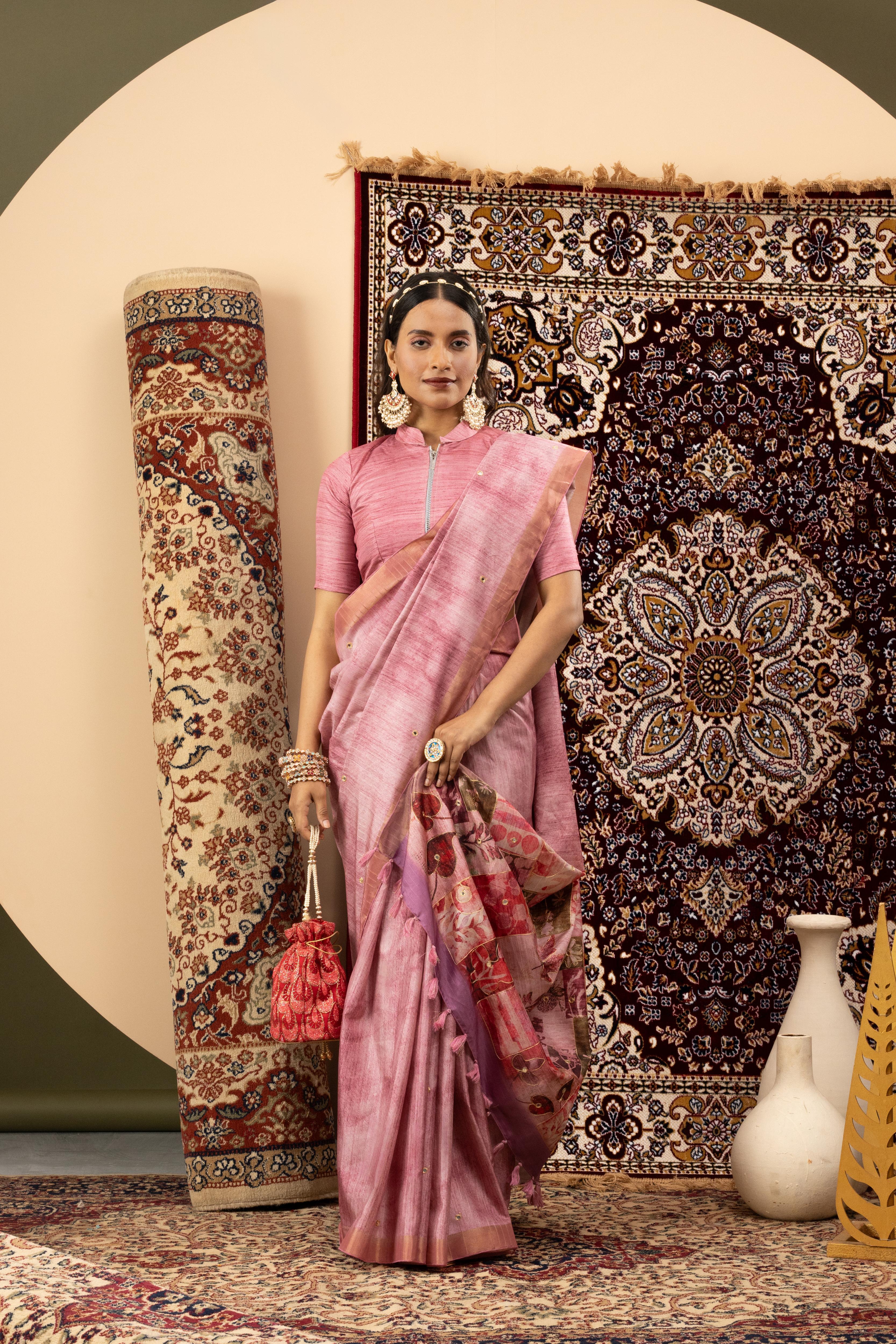 Pink Handloom Silk with Digital Print sedoracouture