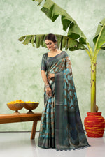 Printed Rama Blue Jacquard Saree with Rich Pallu sedoracouture