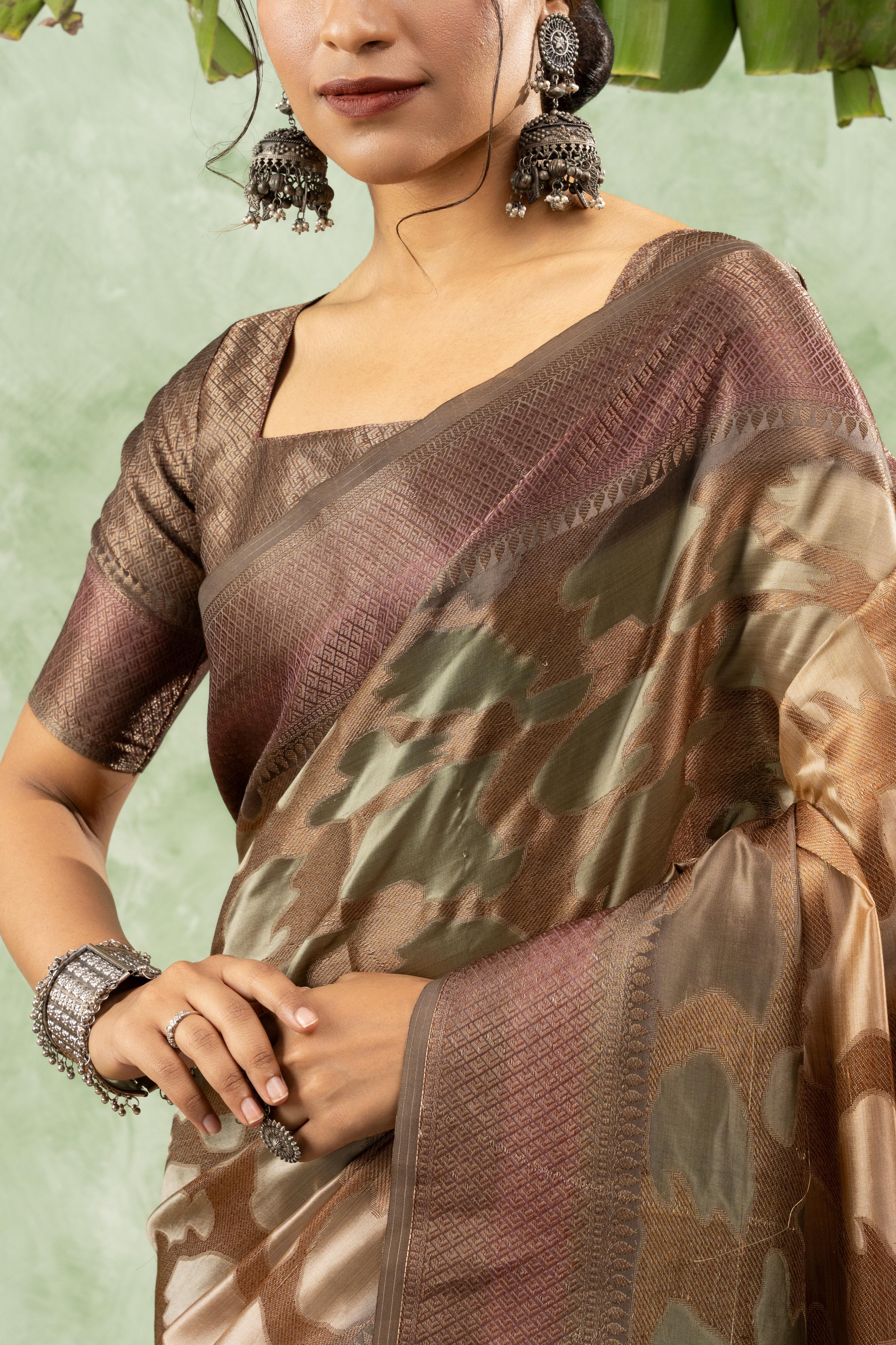 Brown Jacquard Printed Saree with Pallu sedoracouture